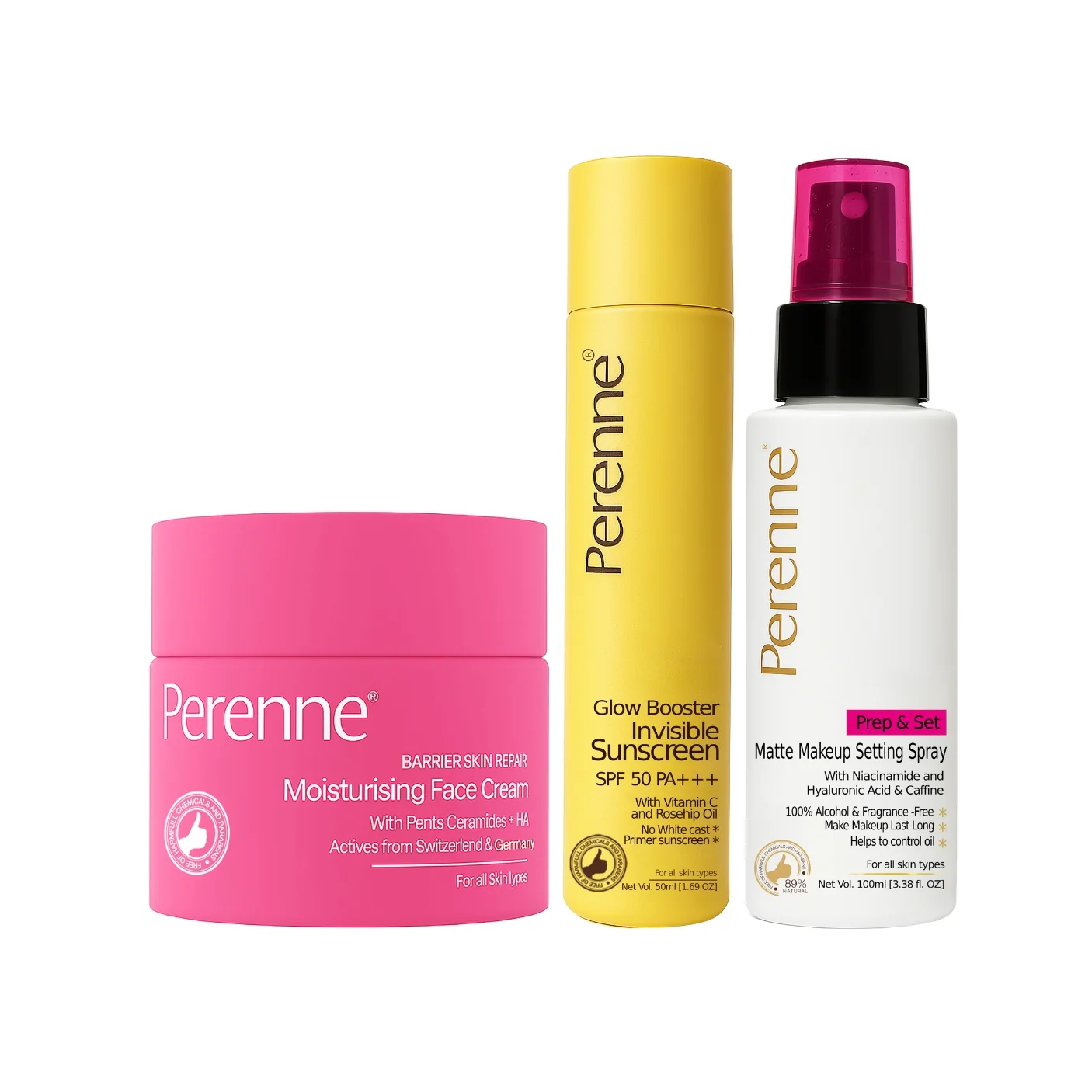 Combo of Perenne Barrier Skin Repair Moisturizing Face Cream, Glow Booster Invisible Sunscreen & Prep & Set Matte Makeup Setting Spray (50g x 50ml x 100ml)