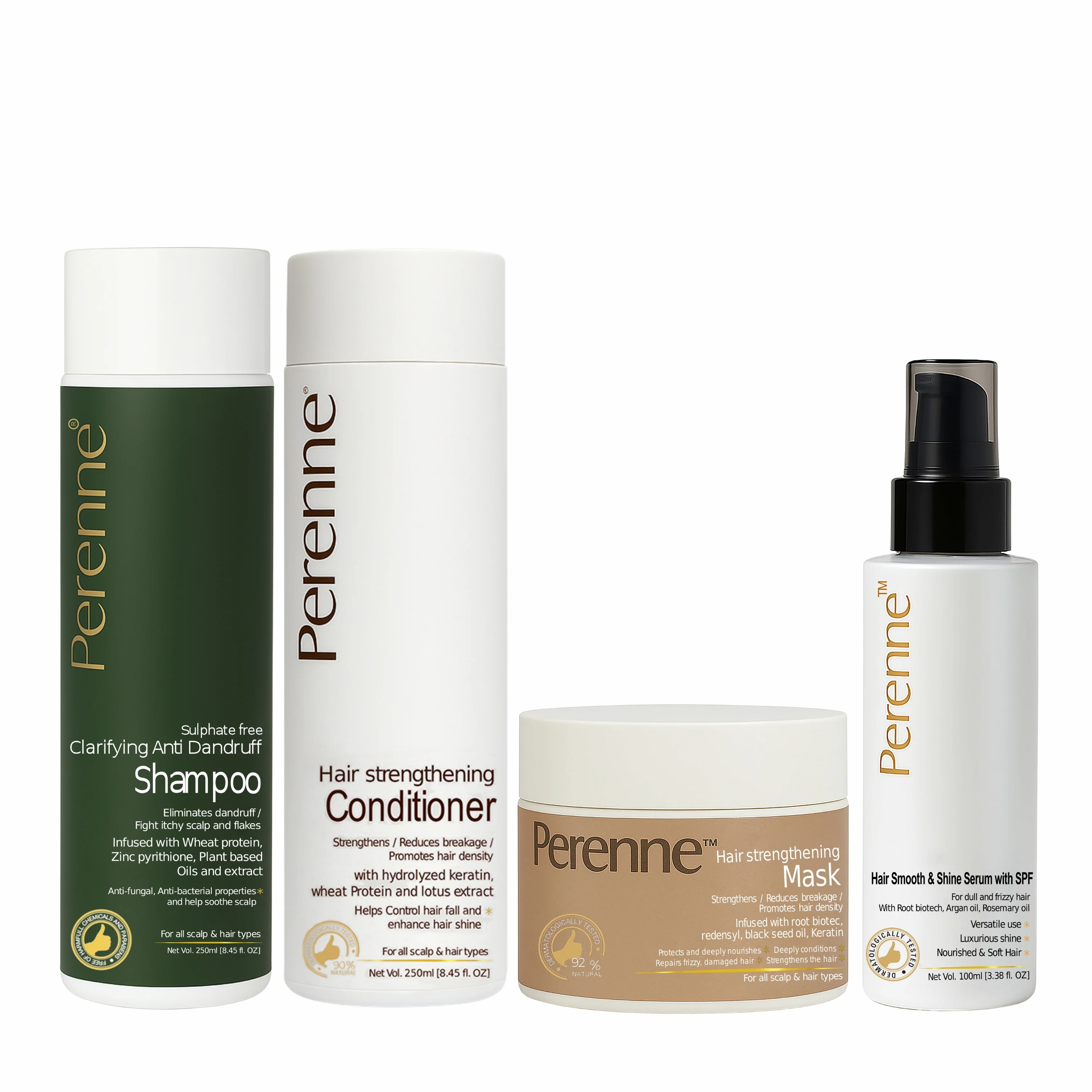 Combo Pack of Clarifying Anti-dandruff Shampoo, Hair Strengthening Conditioner, Hair smooth and shine serum & Hair Strengthening Mask | Reduces Dandruff and promotes clear & healthy scalp | For all hair types | Men & Women