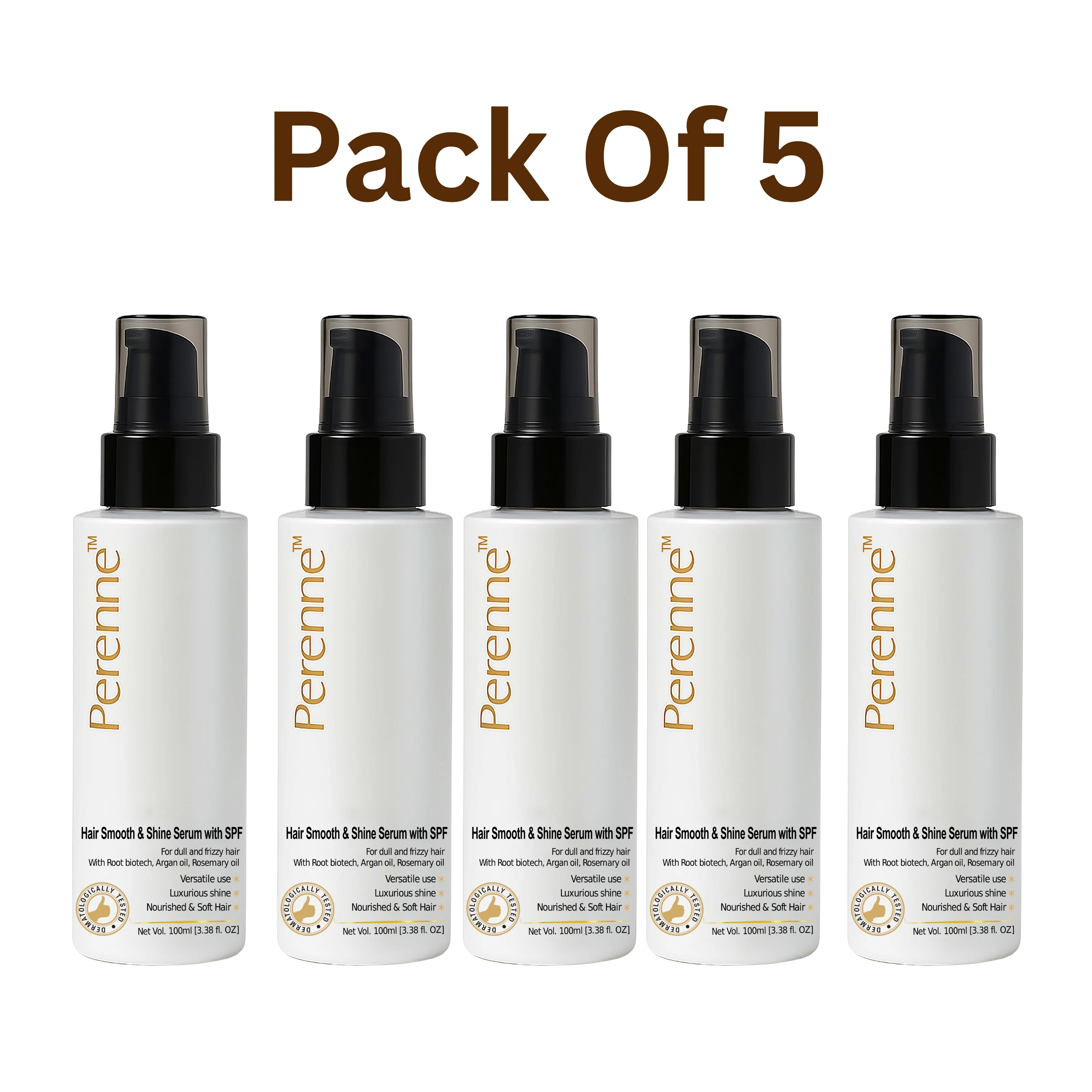 Perenne Hair Smooth and Shine Serum with SPF – Pack of 5 (100ml each) | With Root Biotech, Argan Oil & Rosemary Oil | Anti-Frizz Hair Serum for Shine, UV & Heat Protection | Suitable for All Hair Types