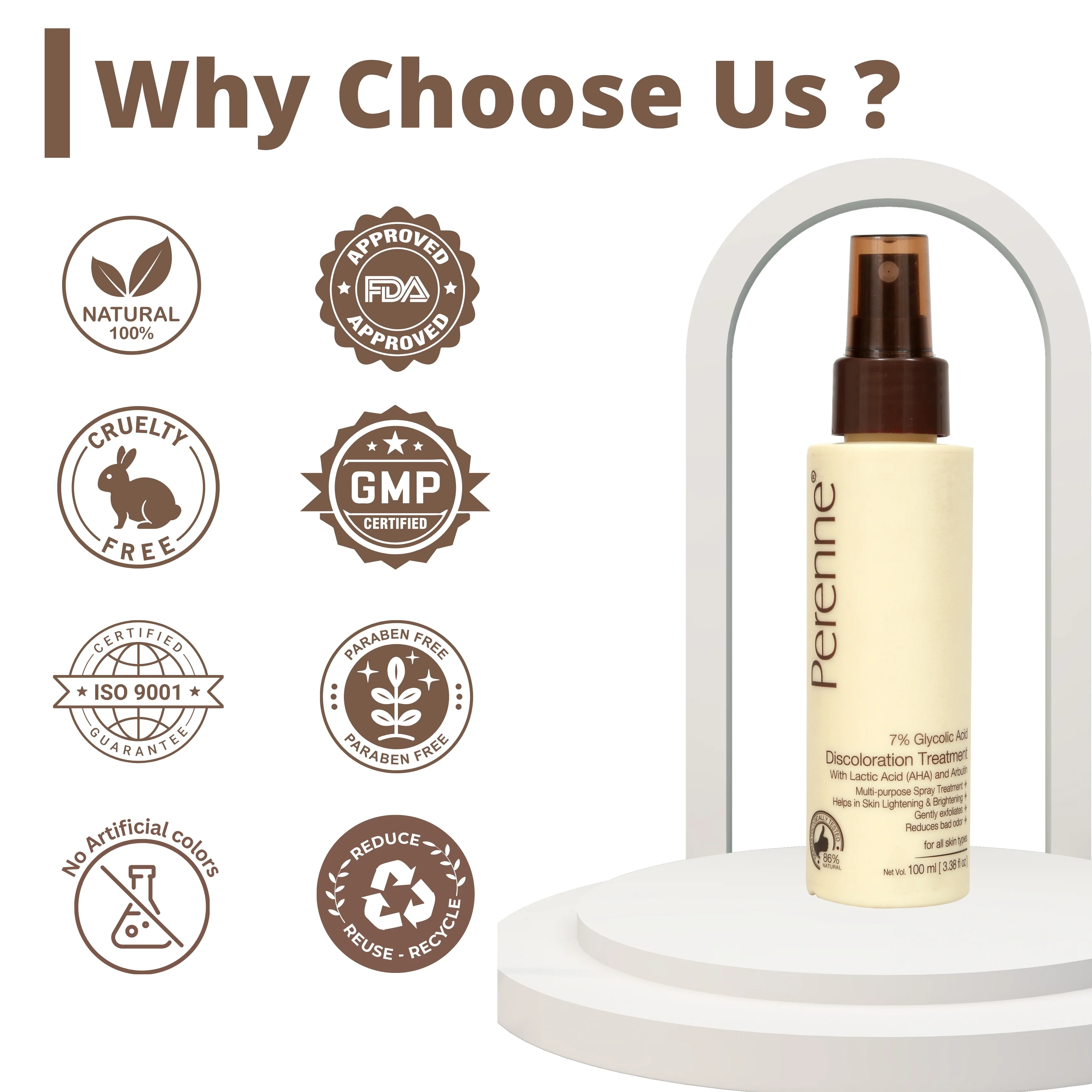 Perenne 7% Glycolic Acid Discoloration Treatment Spray for Skin Brightening | Controls Body Odour | Helps reduce the darkness and pigmentation of underarms, elbows, neck, knees, and inner thighs | Multiple purpose spray for Face, Body and Scalp | 100ml - Image 10