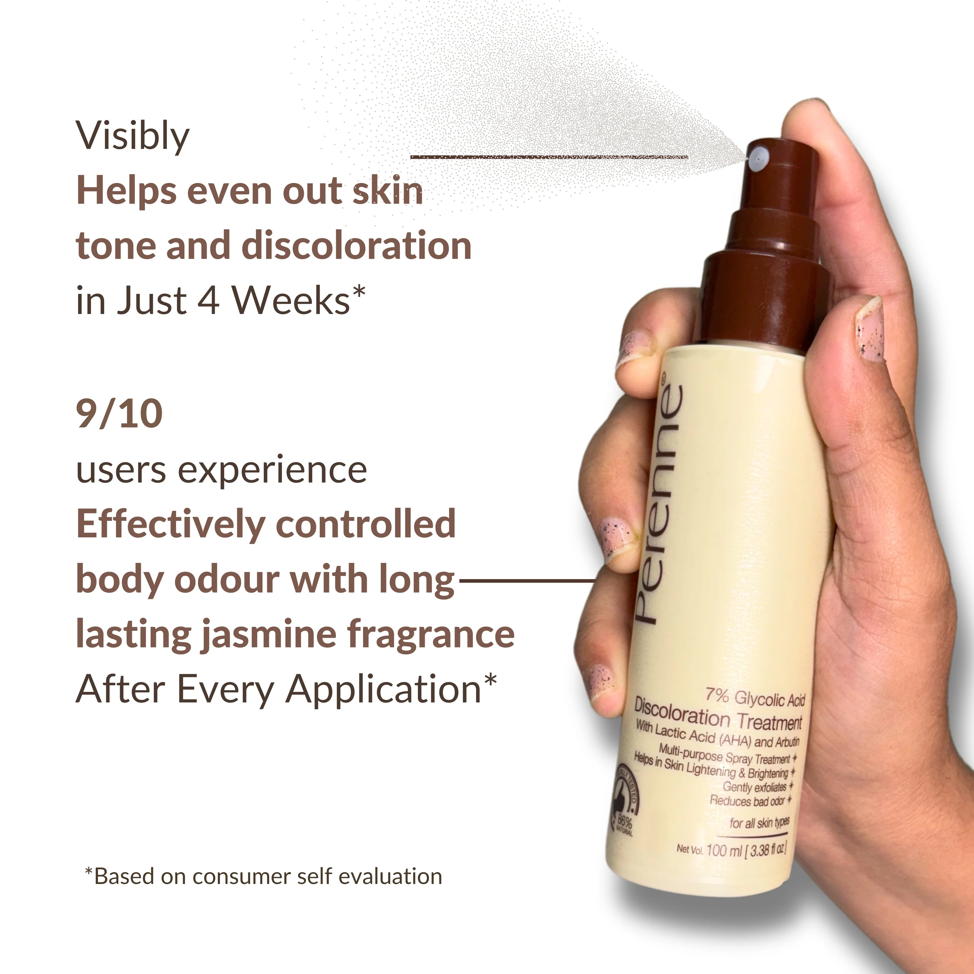 Perenne 7% Glycolic Acid Discoloration Treatment Spray for Skin Brightening | Controls Body Odour | Helps reduce the darkness and pigmentation of underarms, elbows, neck, knees, and inner thighs | Multiple purpose spray for Face, Body and Scalp | 100ml - Image 9