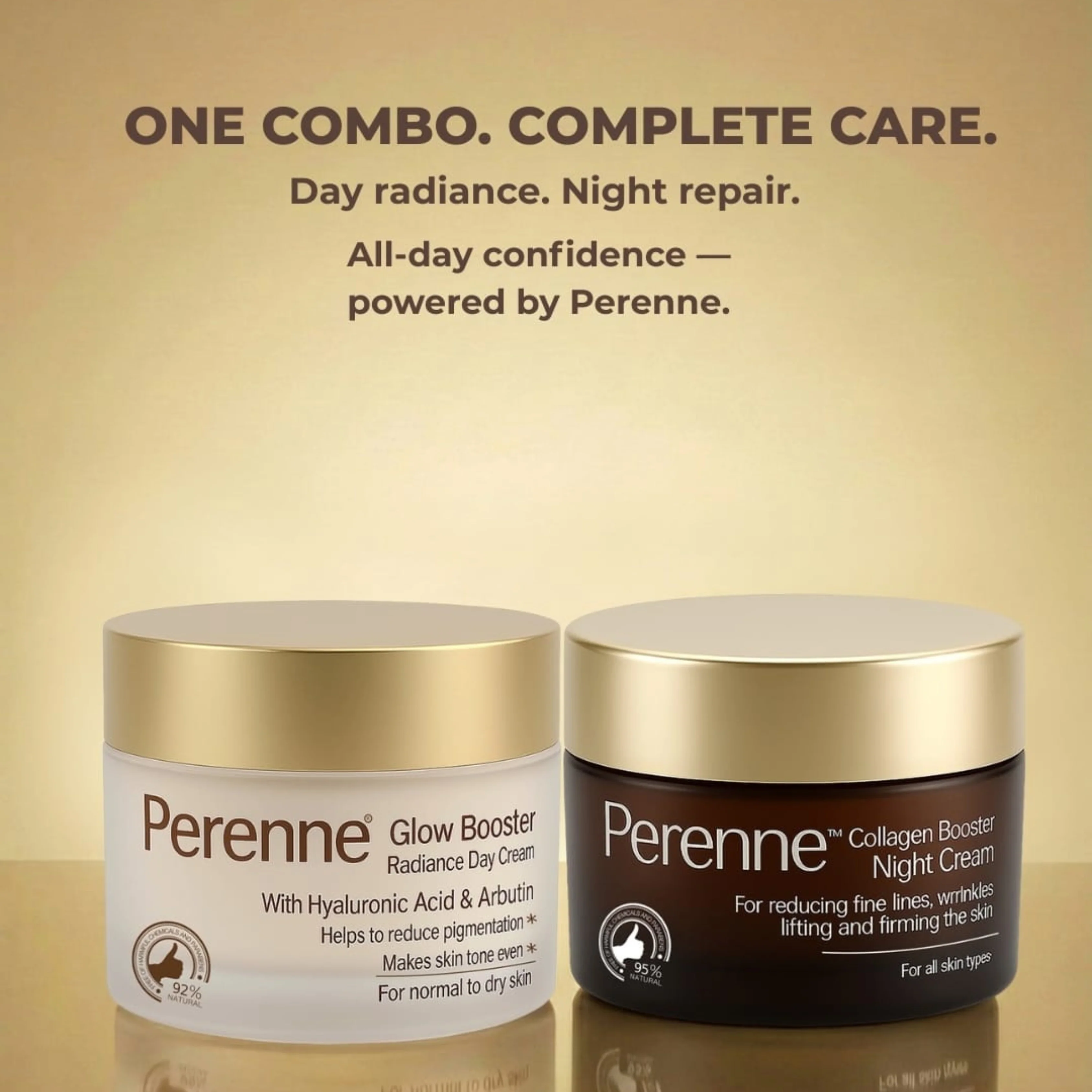 Perenne A.M. P.M. Combo (Glow Booster Radiance Day Cream & Collagen Booster Night Cream) with Retinol, Tripeptide, Apple stem cells, Vitamin E, C & B5 | Skin Lightening & Brightening | Anti-Aging | For all skin types (50gm X 2) - Image 3