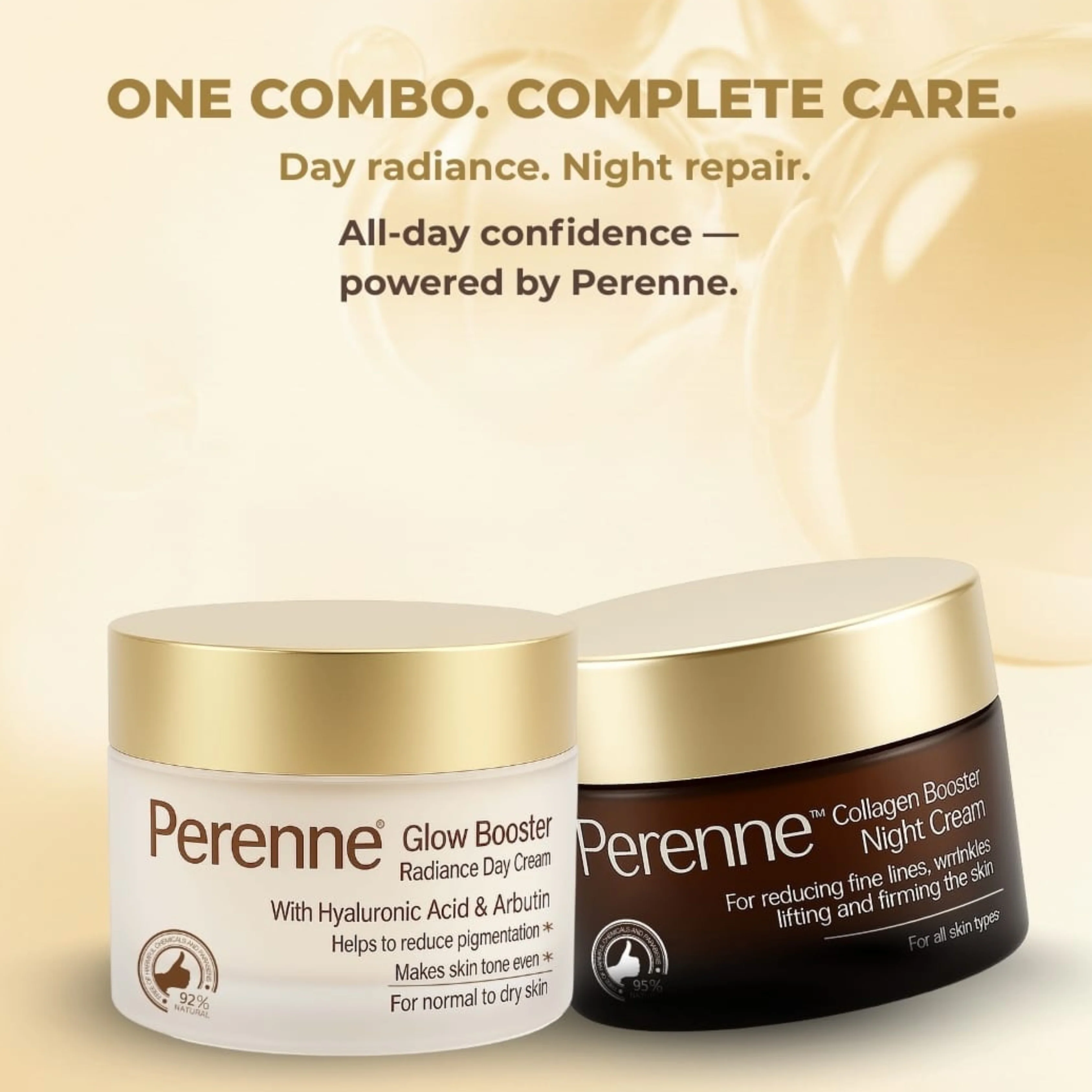 Perenne A.M. P.M. Combo (Glow Booster Radiance Day Cream & Collagen Booster Night Cream) with Retinol, Tripeptide, Apple stem cells, Vitamin E, C & B5 | Skin Lightening & Brightening | Anti-Aging | For all skin types (50gm X 2) - Image 6