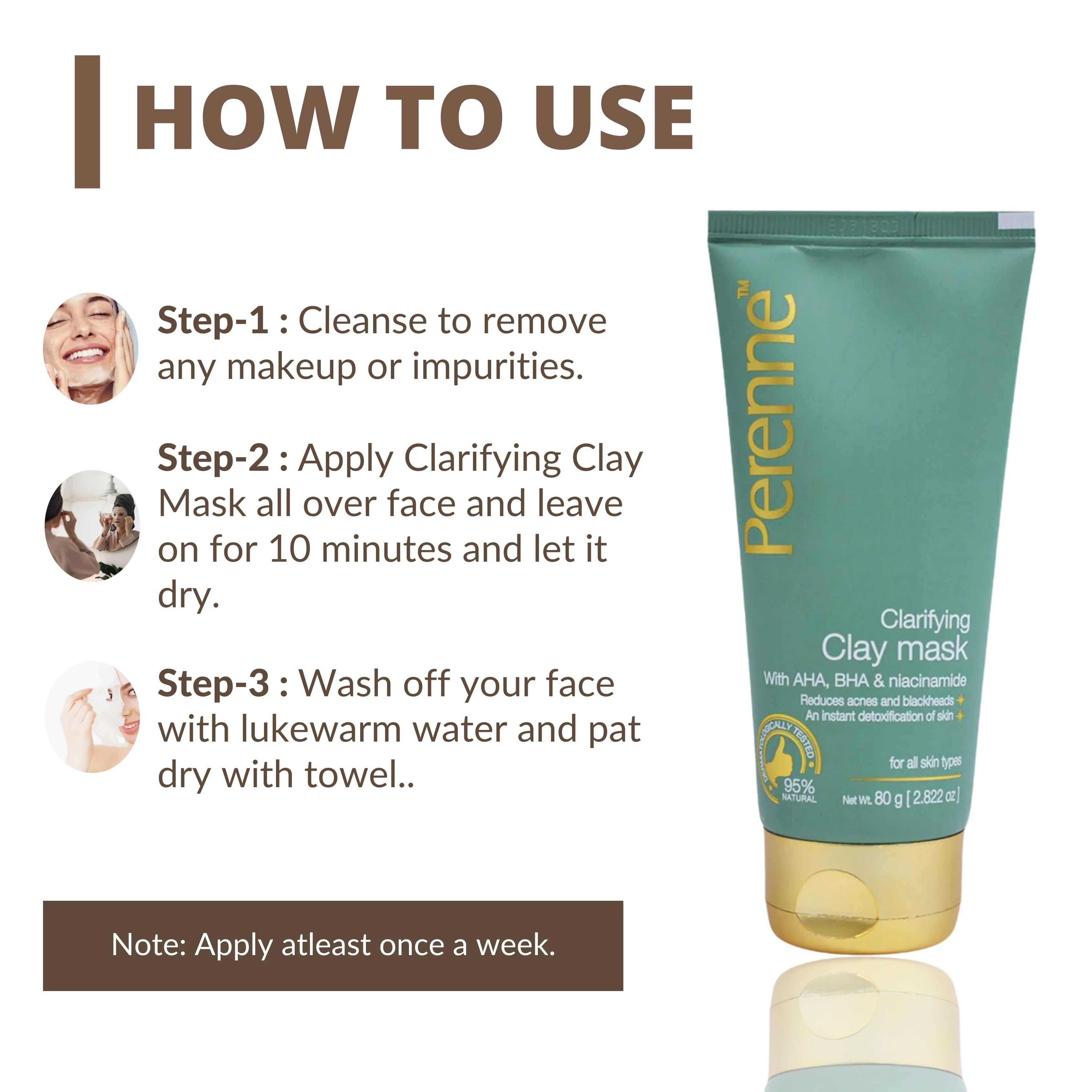Perenne Clarifying Clay Mask | Detoxifies, Controls Sebum & Reduces Acne | AHA, BHA, Niacinamide & Tea Tree Oil | For Clear, Healthy & Glowing Skin (80g) - Image 5