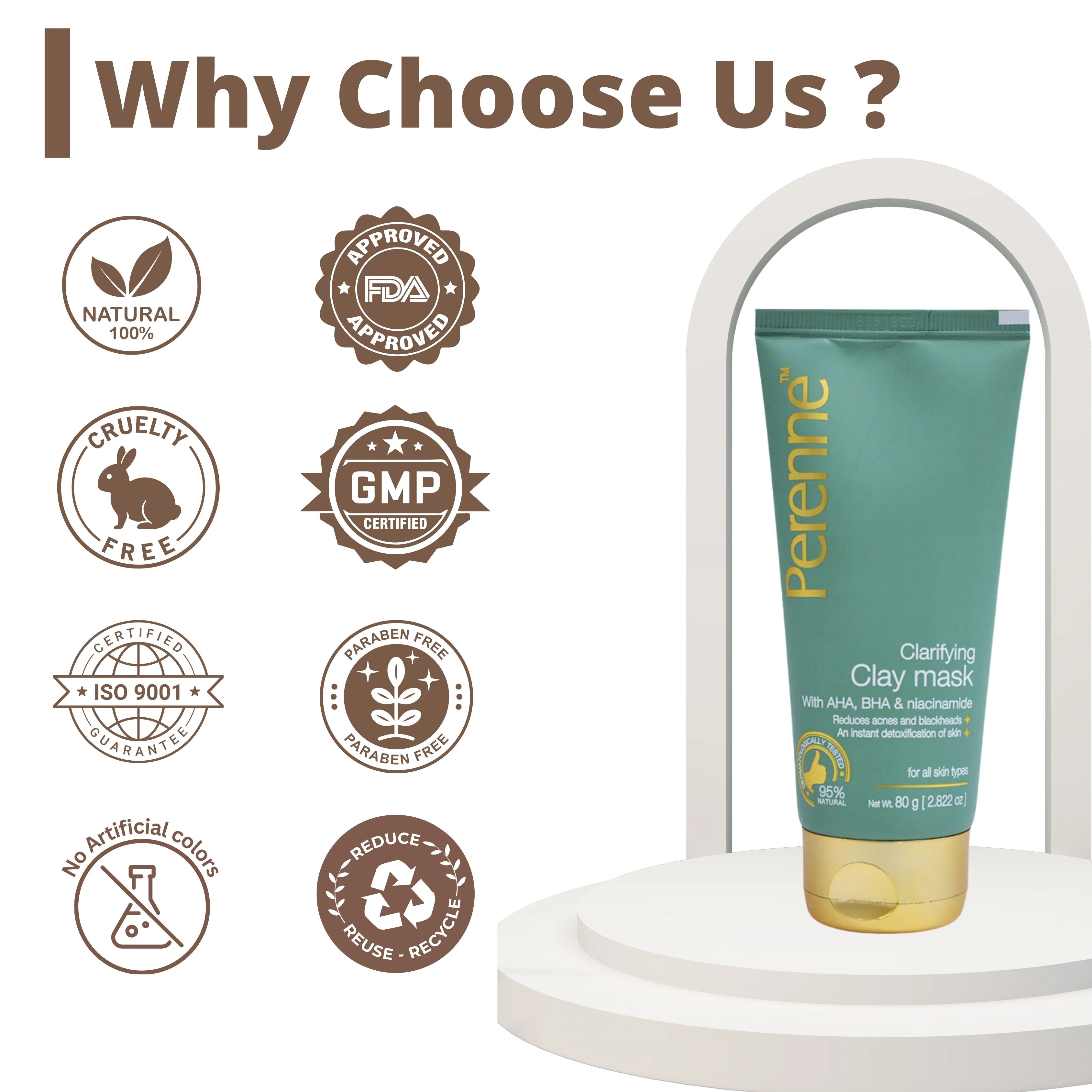 Perenne Clarifying Clay Mask | Detoxifies, Controls Sebum & Reduces Acne | AHA, BHA, Niacinamide & Tea Tree Oil | For Clear, Healthy & Glowing Skin (80g) - Image 6