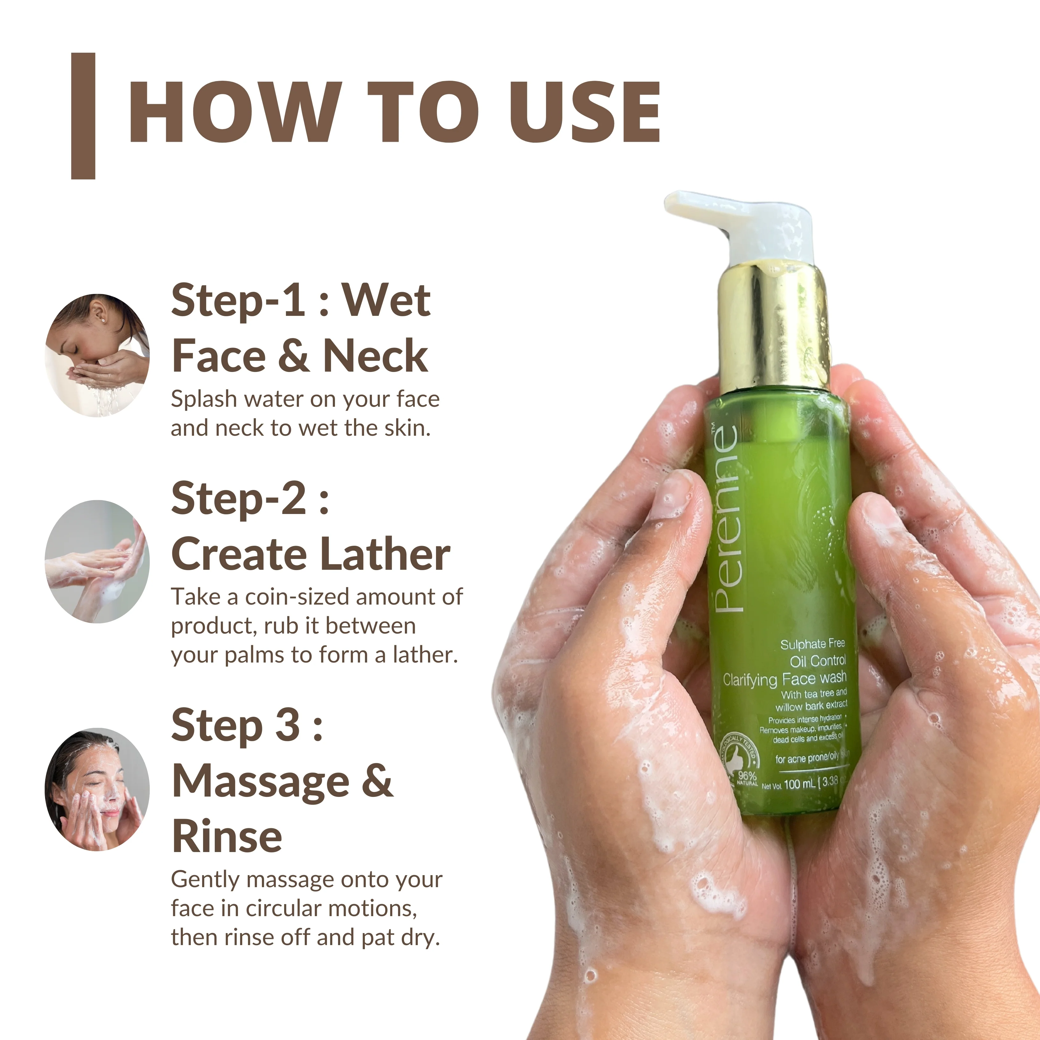 Perenne Oil Control Clarifying Face wash | Anti-Acne & Deep Pore Cleansing |Tea Tree & Willow Bark Extract | Glycolic Acid | Sulphate-Free & Oil-Free | For Acne-Prone and Oily Skin (100ml) - Image 4