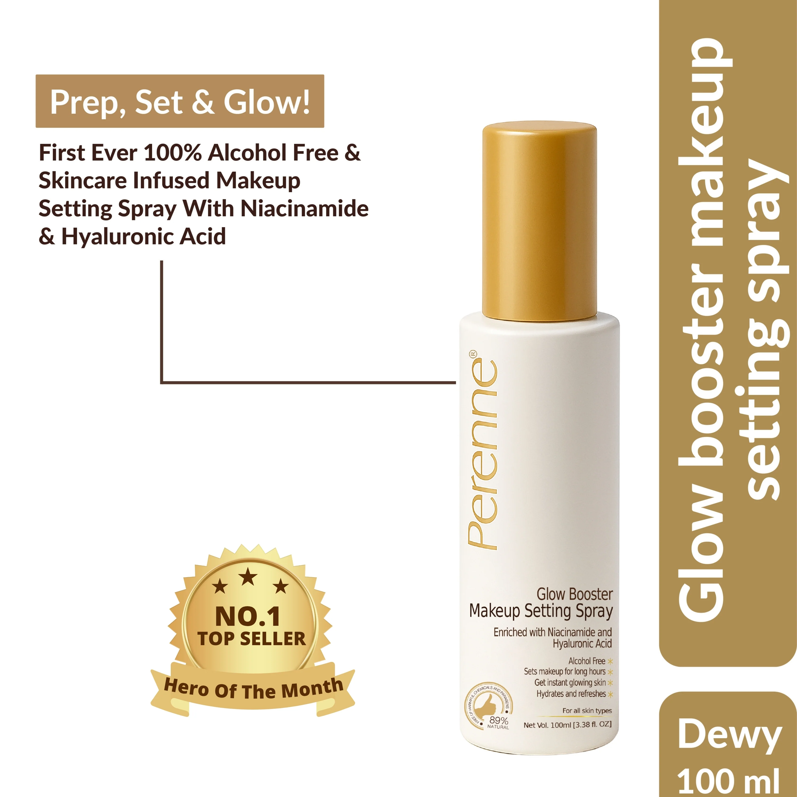 Perenne Glow Booster Makeup Setting Spray | Alcohol-Free | Enriched with Niacinamide & Hyaluronic Acid | Best Long-Lasting Makeup Fixer & Dewy Finish (100ml) - Image 11