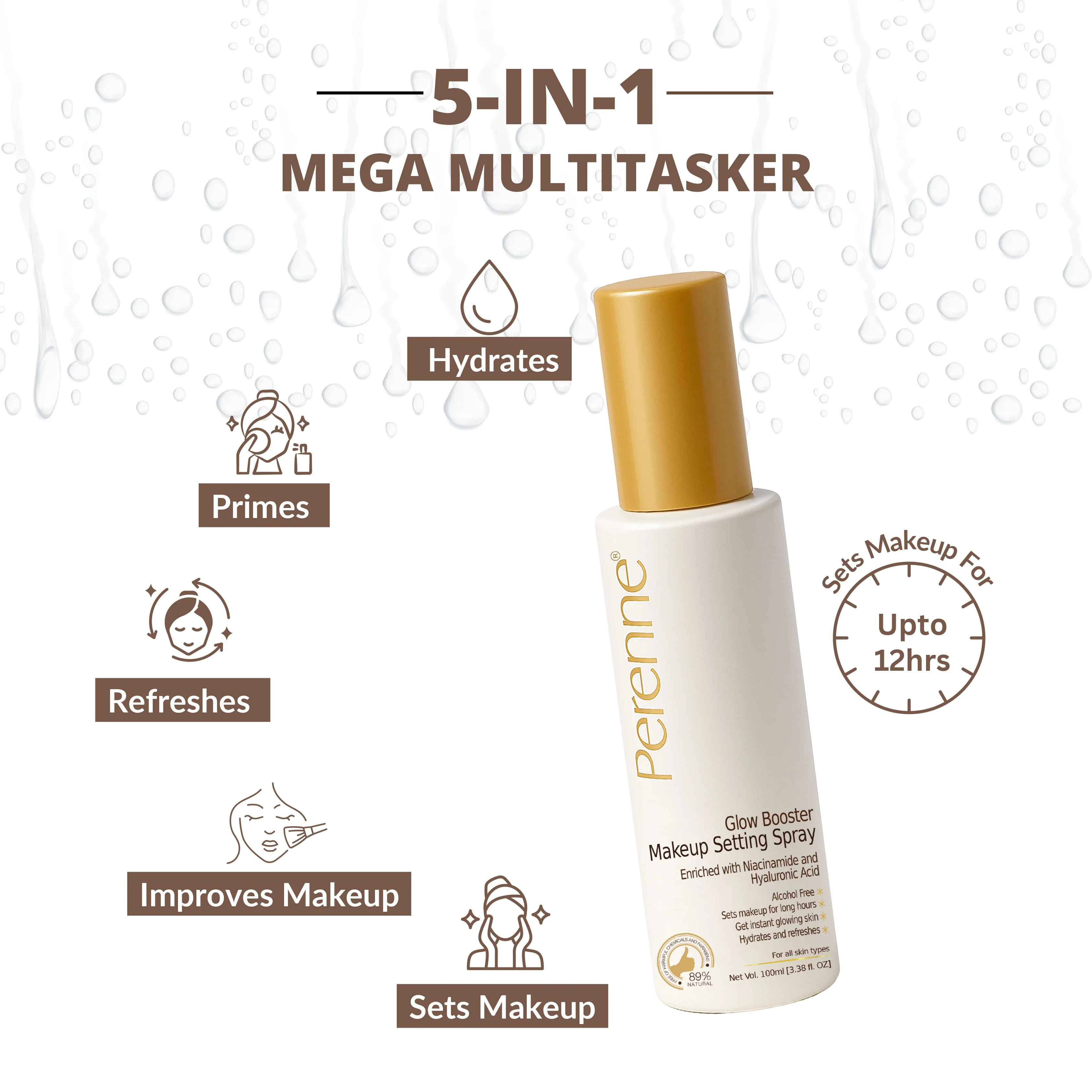Perenne Glow Booster Makeup Setting Spray | Alcohol-Free | Enriched with Niacinamide & Hyaluronic Acid | Best Long-Lasting Makeup Fixer & Dewy Finish (100ml) - Image 4