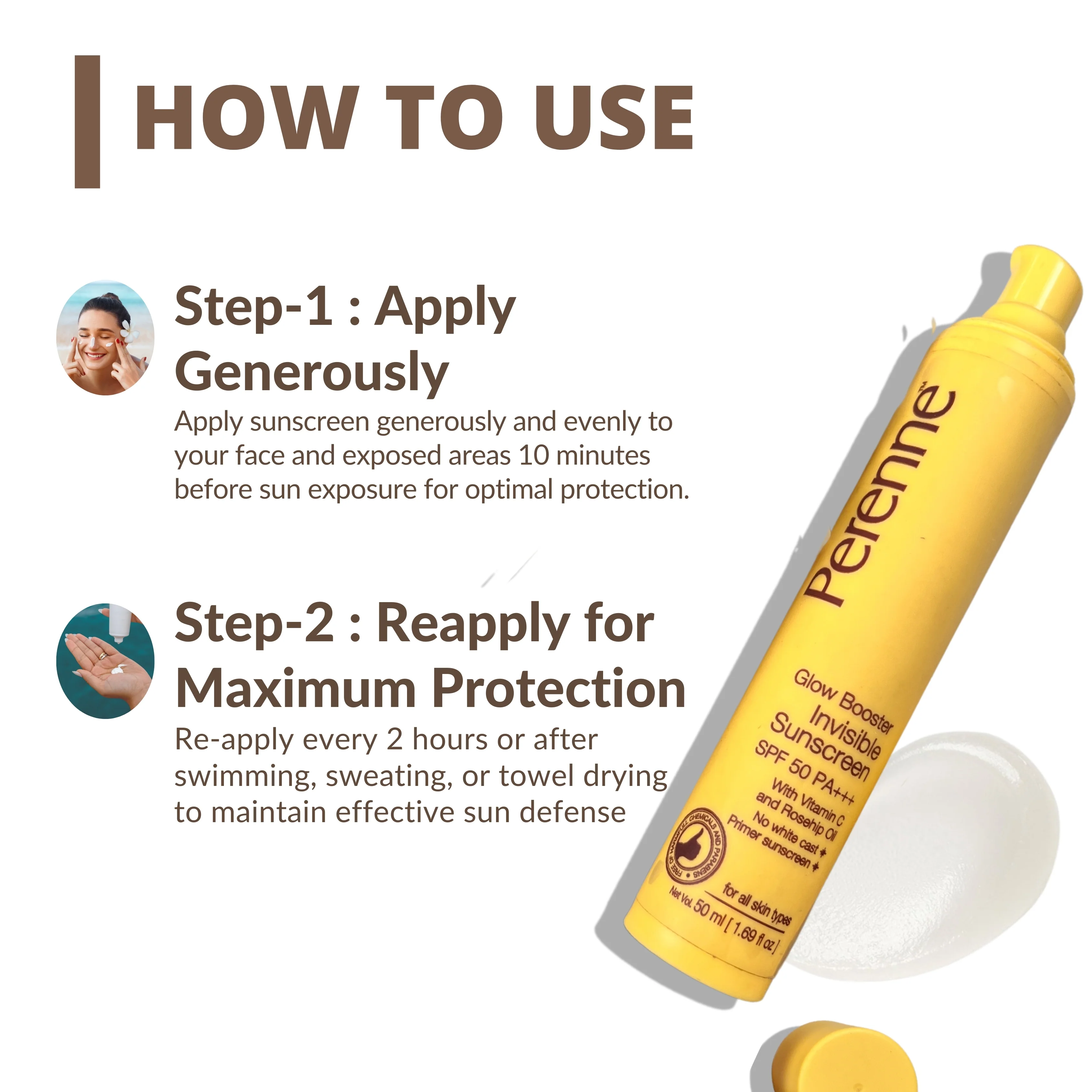 Perenne Glow Booster Invisible Sunscreen SPF 50 PA+++ | No White Cast | UVA & UVB Protection | Vitamin C & Rosehip Oil | Lightweight & Non-Greasy | Primer Sunscreen | For Men & Women (50ml) - Image 4