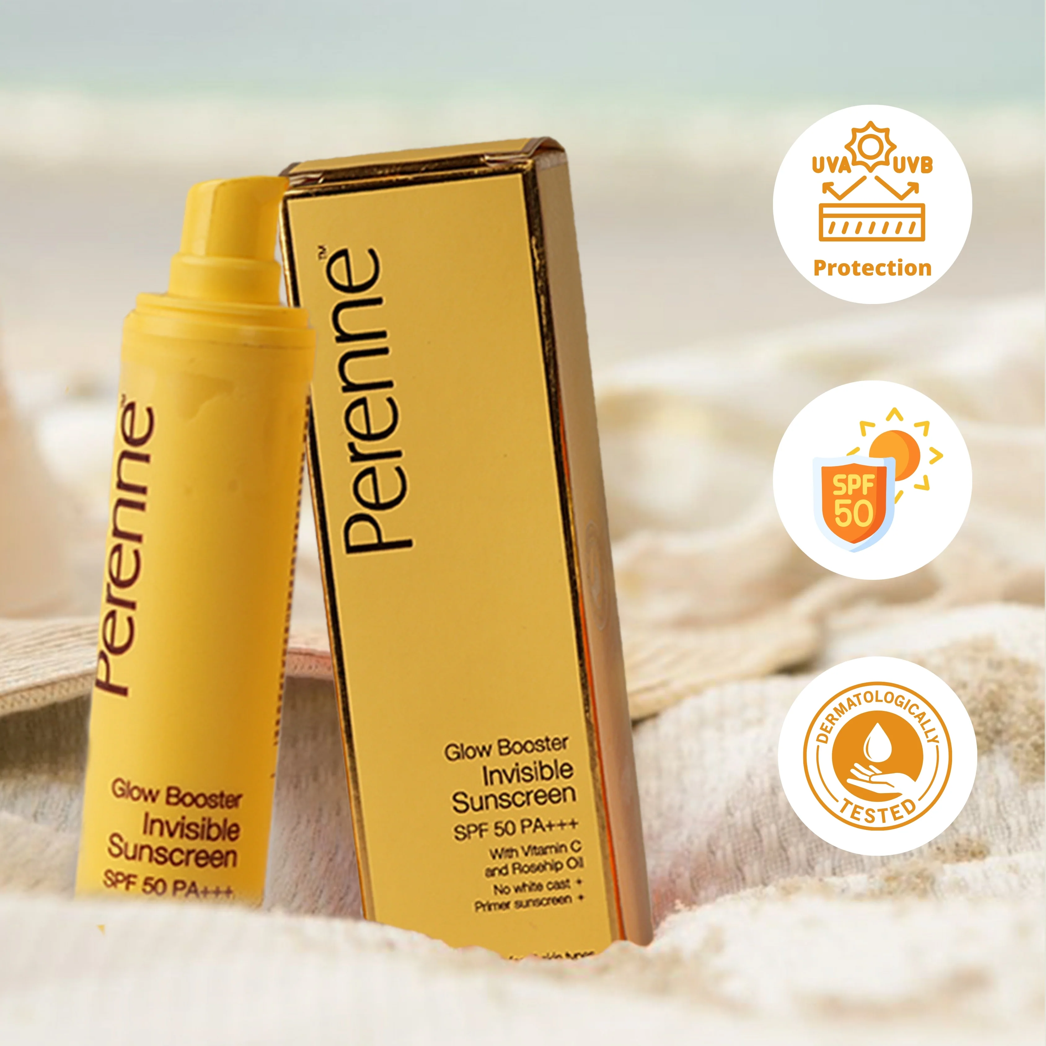 Perenne Glow Booster Invisible Sunscreen SPF 50 PA+++ | No White Cast | UVA & UVB Protection | Vitamin C & Rosehip Oil | Lightweight & Non-Greasy | Primer Sunscreen | For Men & Women (50ml) - Image 5