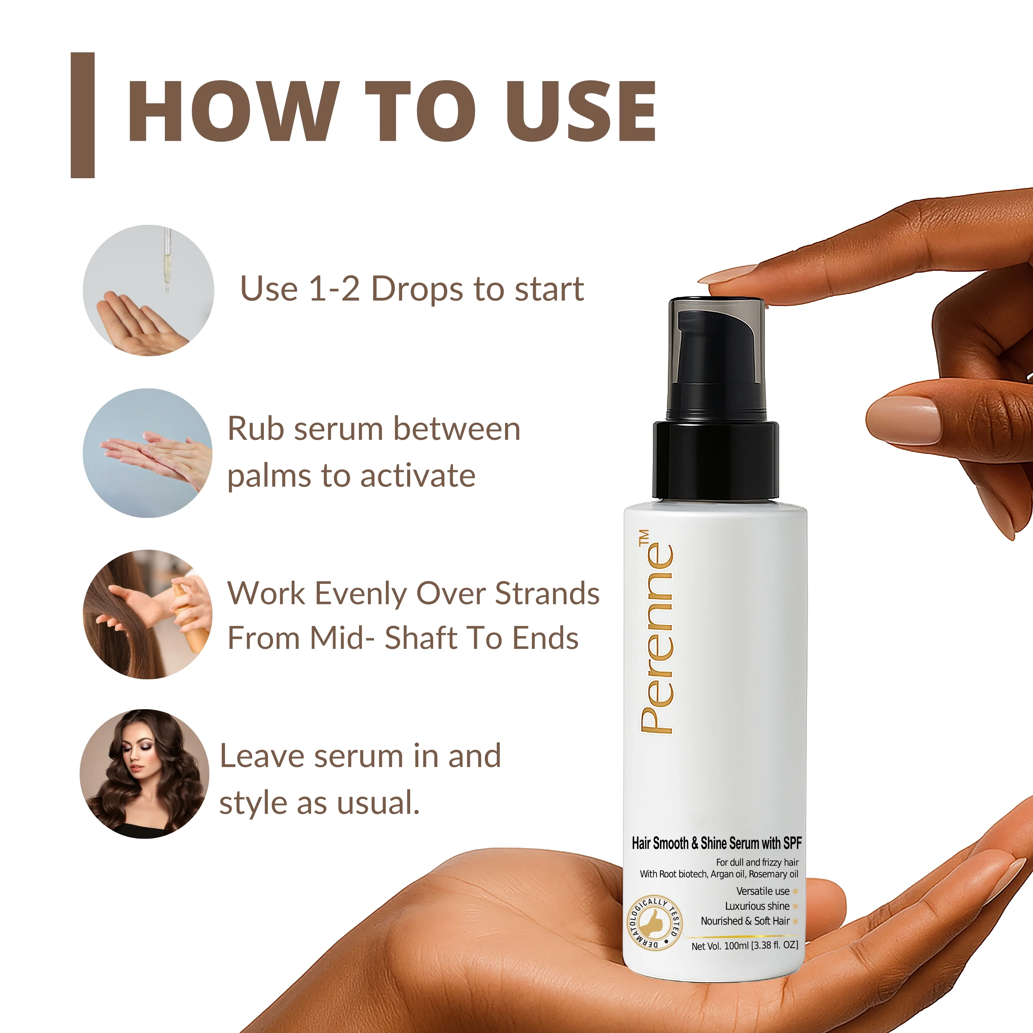 Perenne Hair Smooth and Shine Serum with SPF | Paraben & Sulphate Free| For Men & Women | All Hair Types | Controls Dry, Rough & Frizzy Hair| With Root biotech, Argan oil & Rosemary oil (100 ml) - Image 6