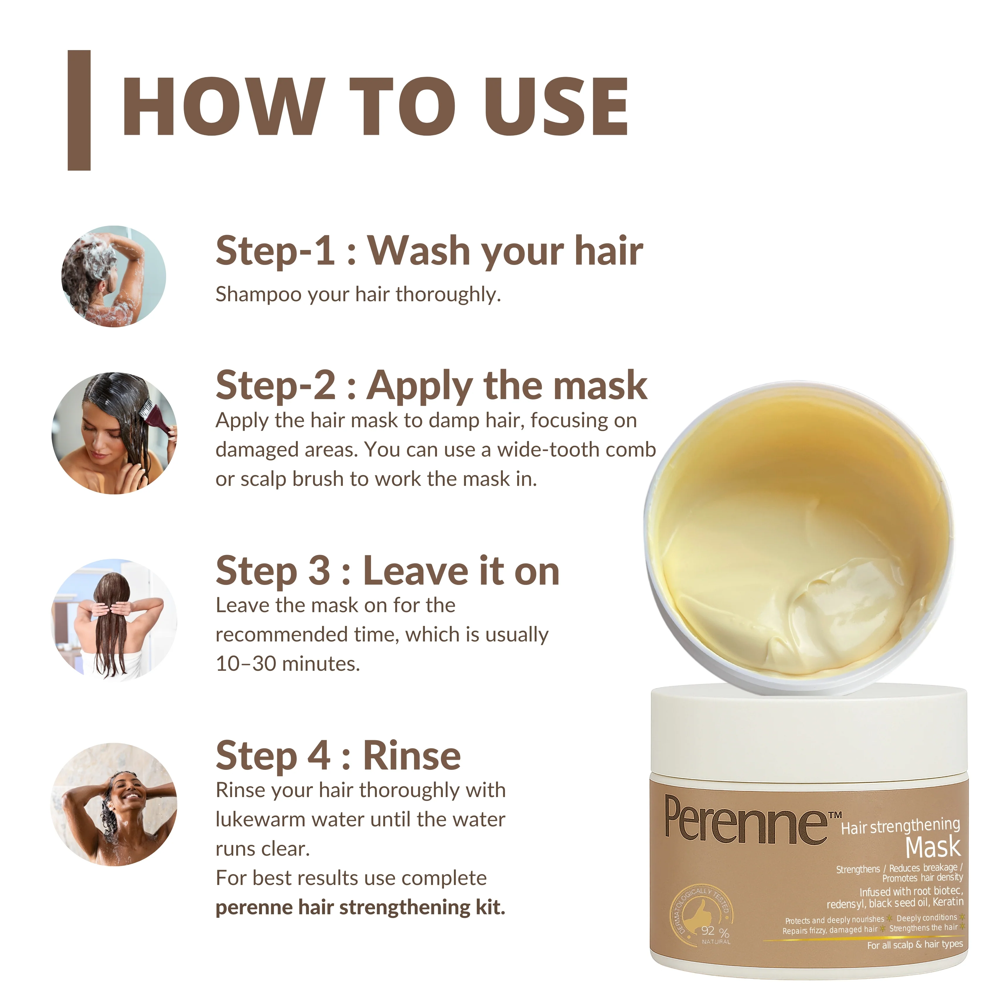 Perenne Hair Strengthening Mask | Anti-Hair Fall & Damage Repair | Deep Conditioning & Nourishment | Sulphate & Paraben-Free | With RootBioTec, Redensyl, Black Seed Oil & Keratin | For Men & Women | All Hair Types - Image 4