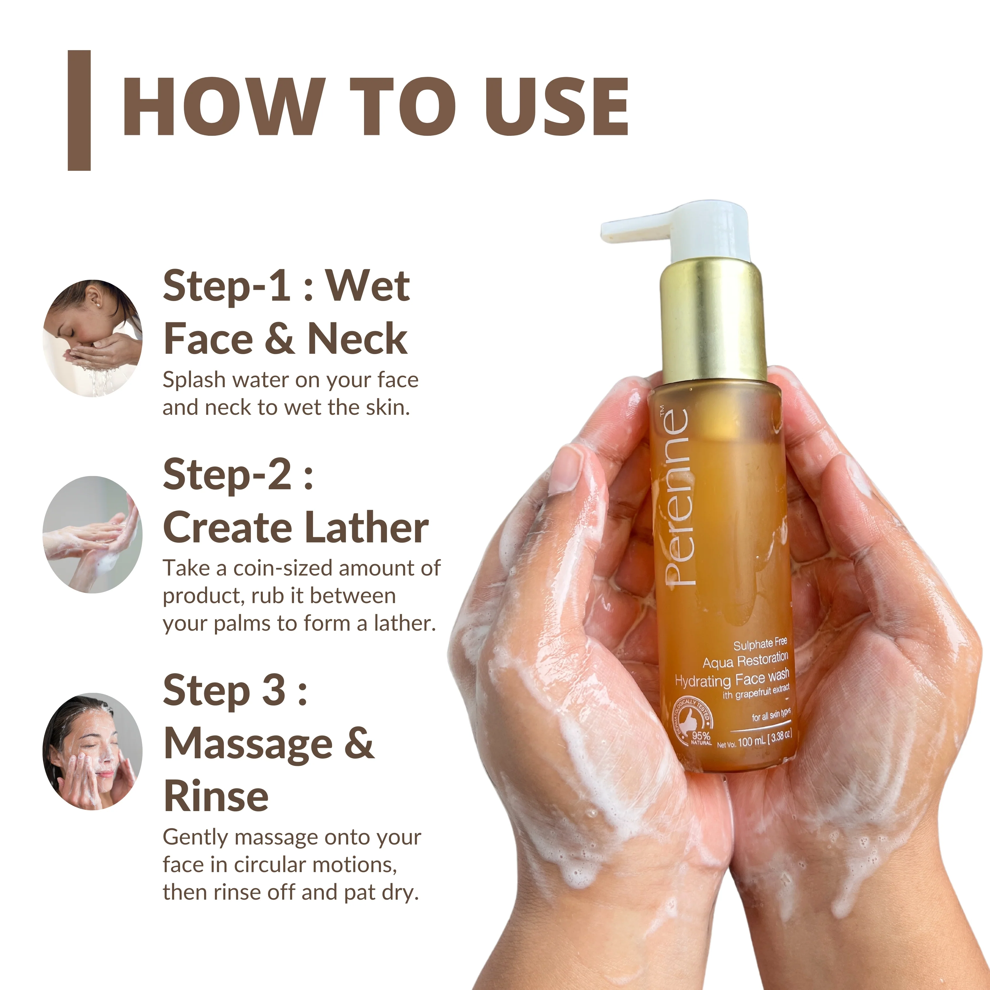Perenne Aqua Restoration Hydrating Facewash | Deep Cleansing & Hydration | Glycerine, Grapefruit Water & Vitamin C | For All Skin Types | Paraben & Sulphate Free (100ml) - Image 7