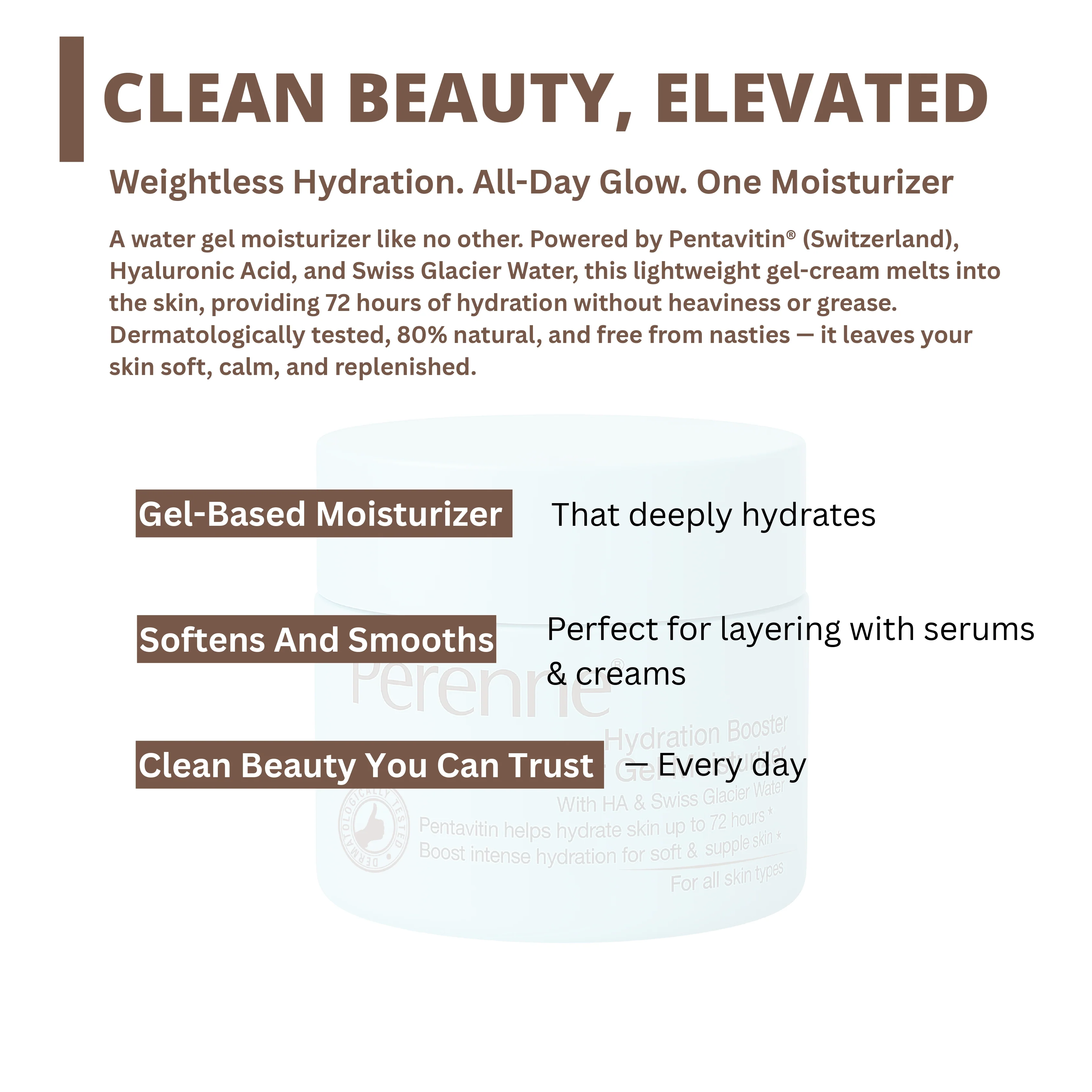 Perenne Hydration Booster Water Gel Moisturizer with Hyaluronic Acid, Pentavitin & Swiss Glacier Water | 72-Hour Moisture Lock | Lightweight, Non-Greasy Formula | For All Skin Types | Dermatologically Tested | 50g - Image 5