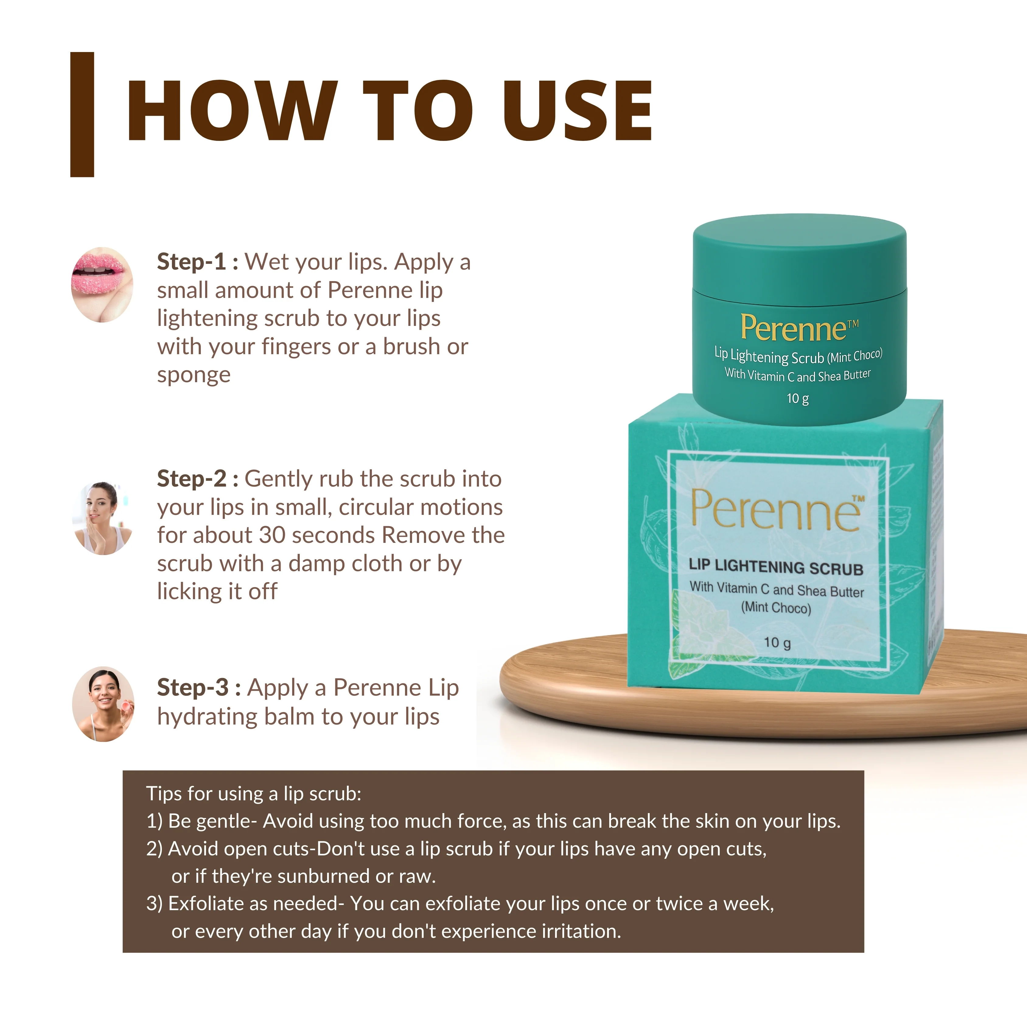 Perenne Lip Lightening Scrub (Mint Choco) | Exfoliates & Rejuvenates | Removes Pigmentation & Dead Skin | Vitamin C & Shea Butter | Hydrating & Plumping (10gm) - Image 4