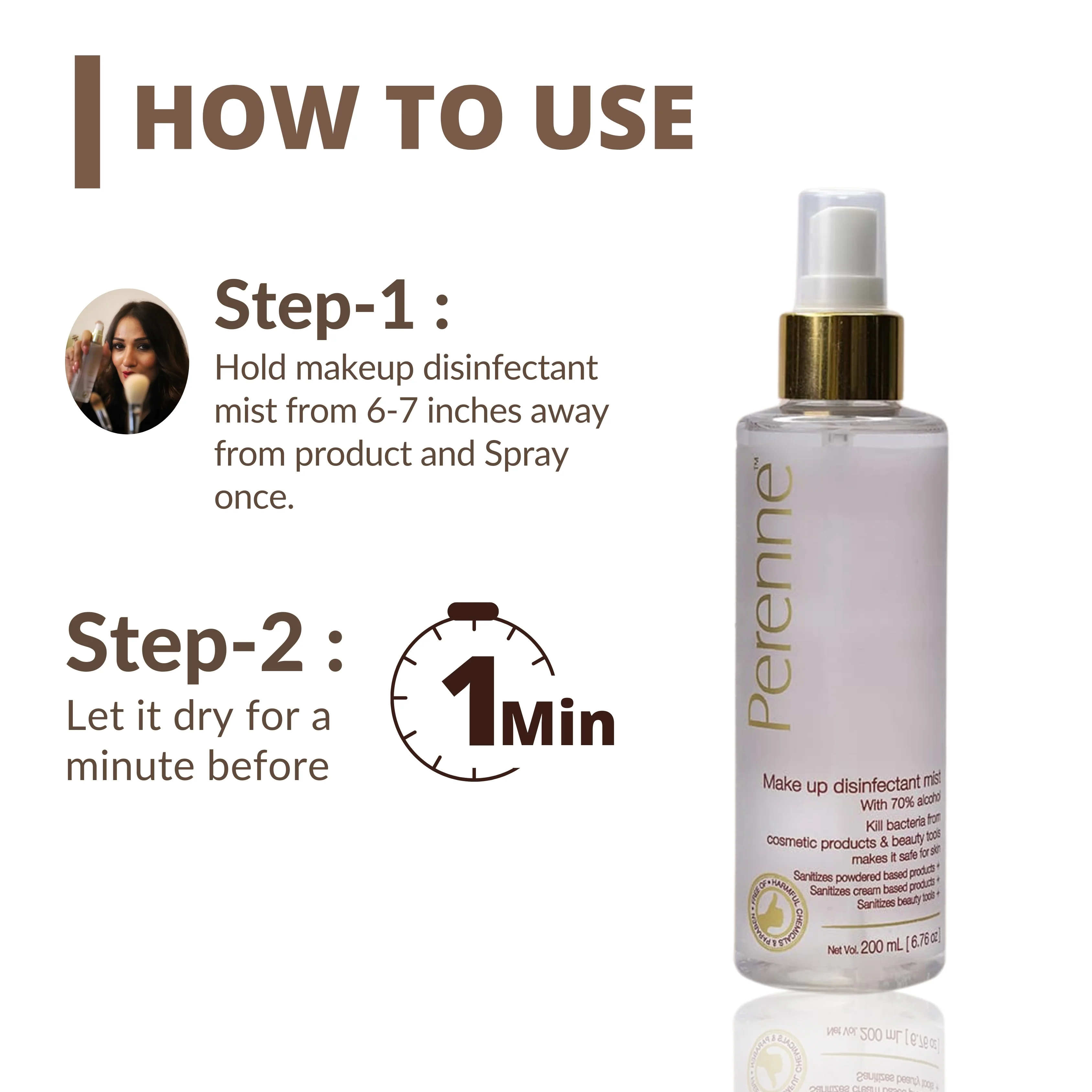 Perenne Makeup Disinfectant Mist | 70% Alcohol | Quick-Drying | Antibacterial | Makeup & Beauty Tools Sanitizer - Image 4