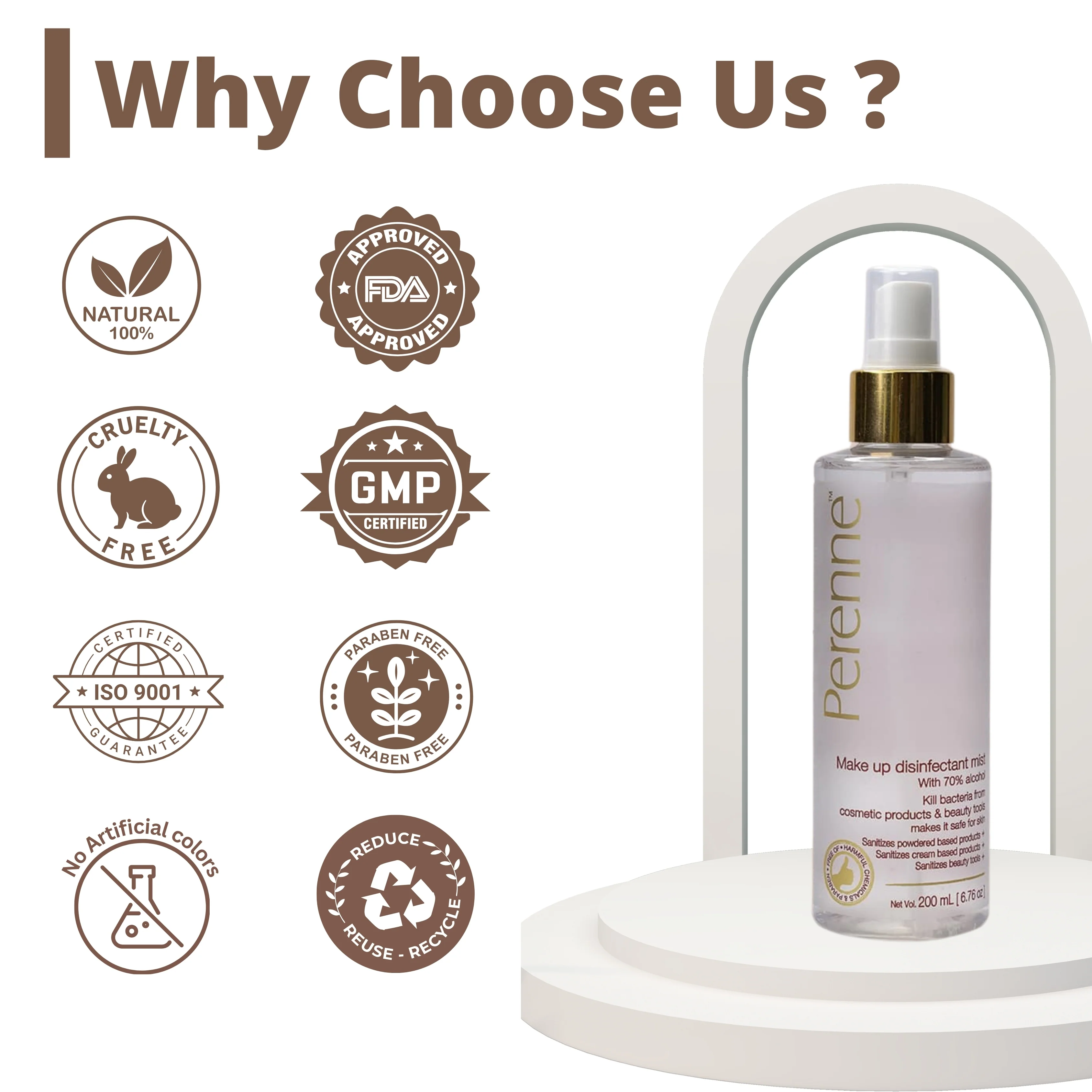 Perenne Makeup Disinfectant Mist | 70% Alcohol | Quick-Drying | Antibacterial | Makeup & Beauty Tools Sanitizer - Image 6