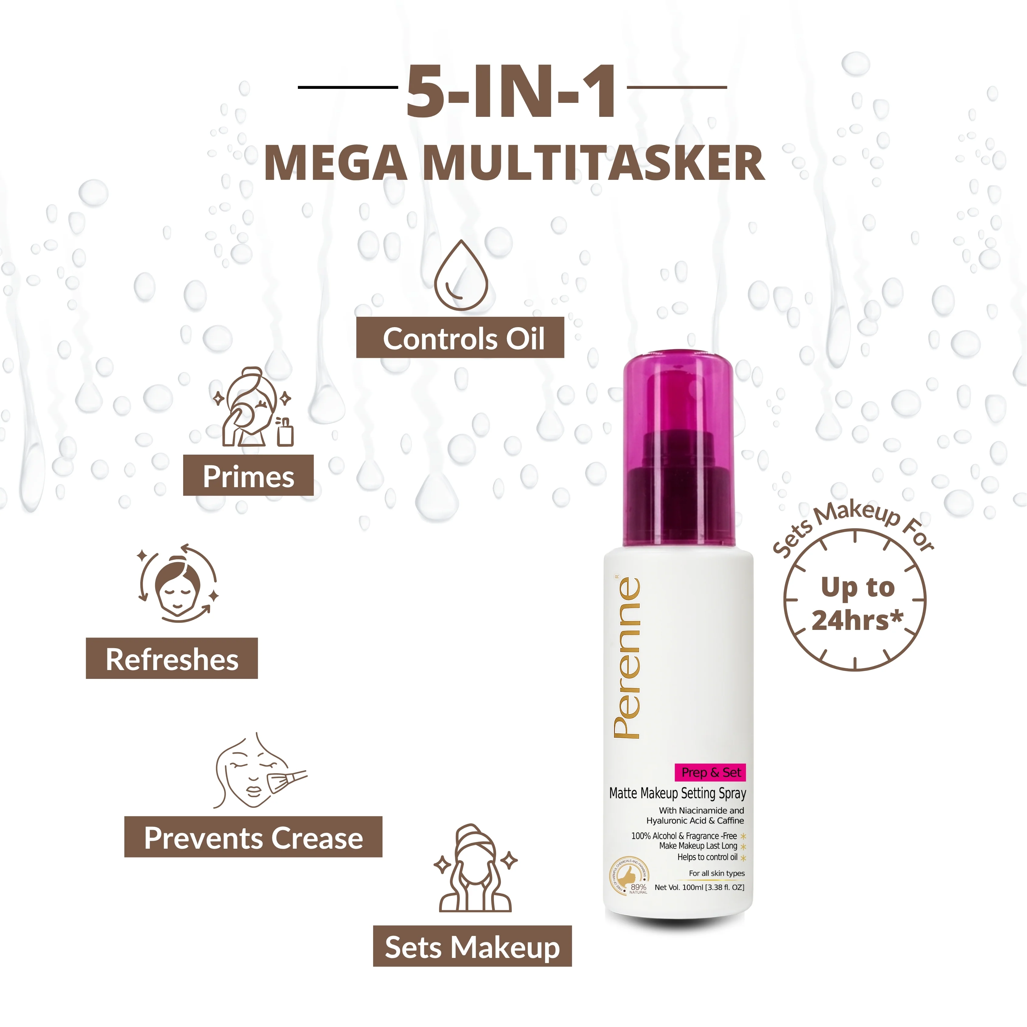 Perenne Prep & Set Matte Makeup Setting Spray with Niacinamide, Hyaluronic Acid & Caffeine |Matte Finished| Helps to control oil | For Long Lasting makeup up to 24 hrs* |100% Alcohol-Free & Fragrance-Free (100ml) - Image 4