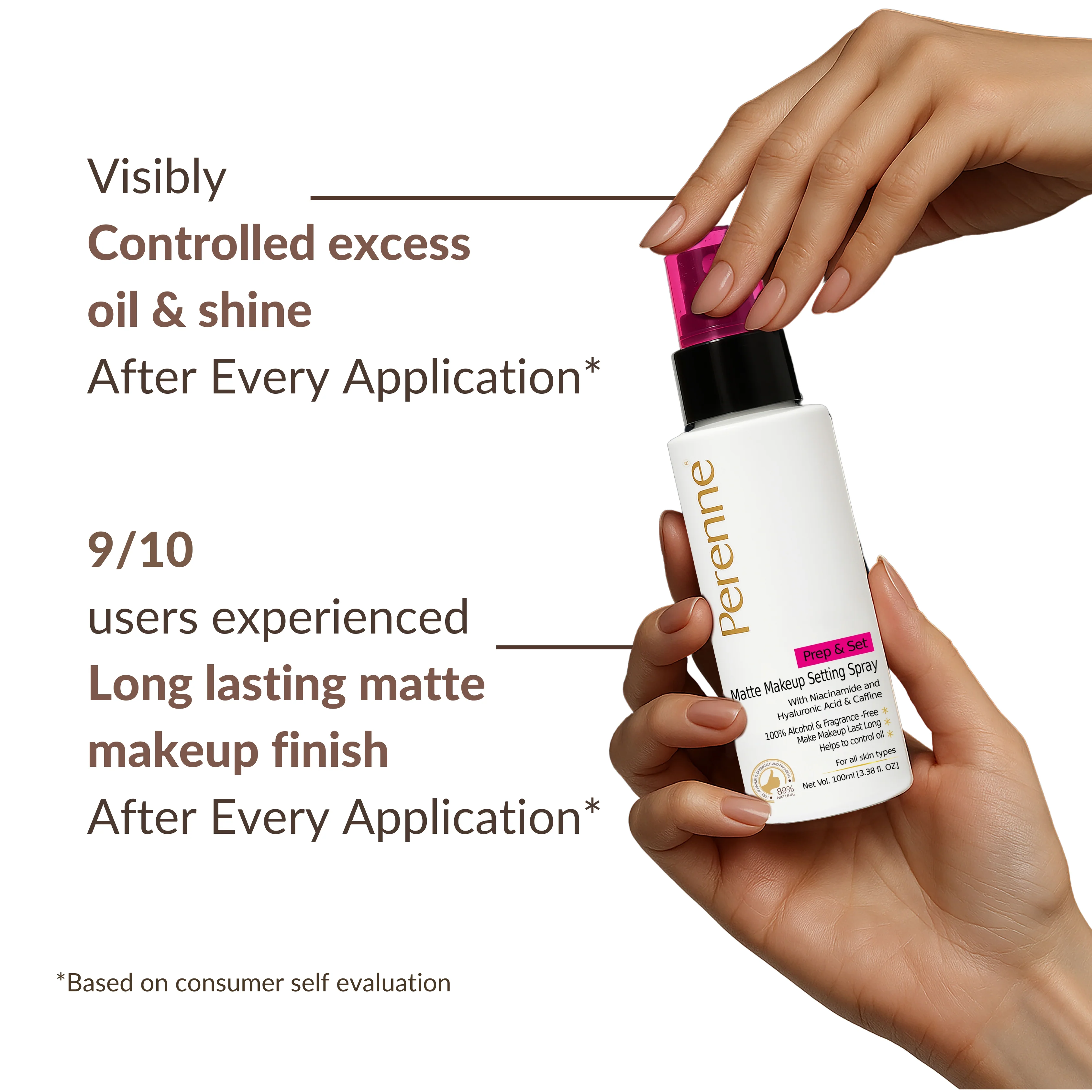 Perenne Prep & Set Matte Makeup Setting Spray with Niacinamide, Hyaluronic Acid & Caffeine |Matte Finished| Helps to control oil | For Long Lasting makeup up to 24 hrs* |100% Alcohol-Free & Fragrance-Free (100ml) - Image 5
