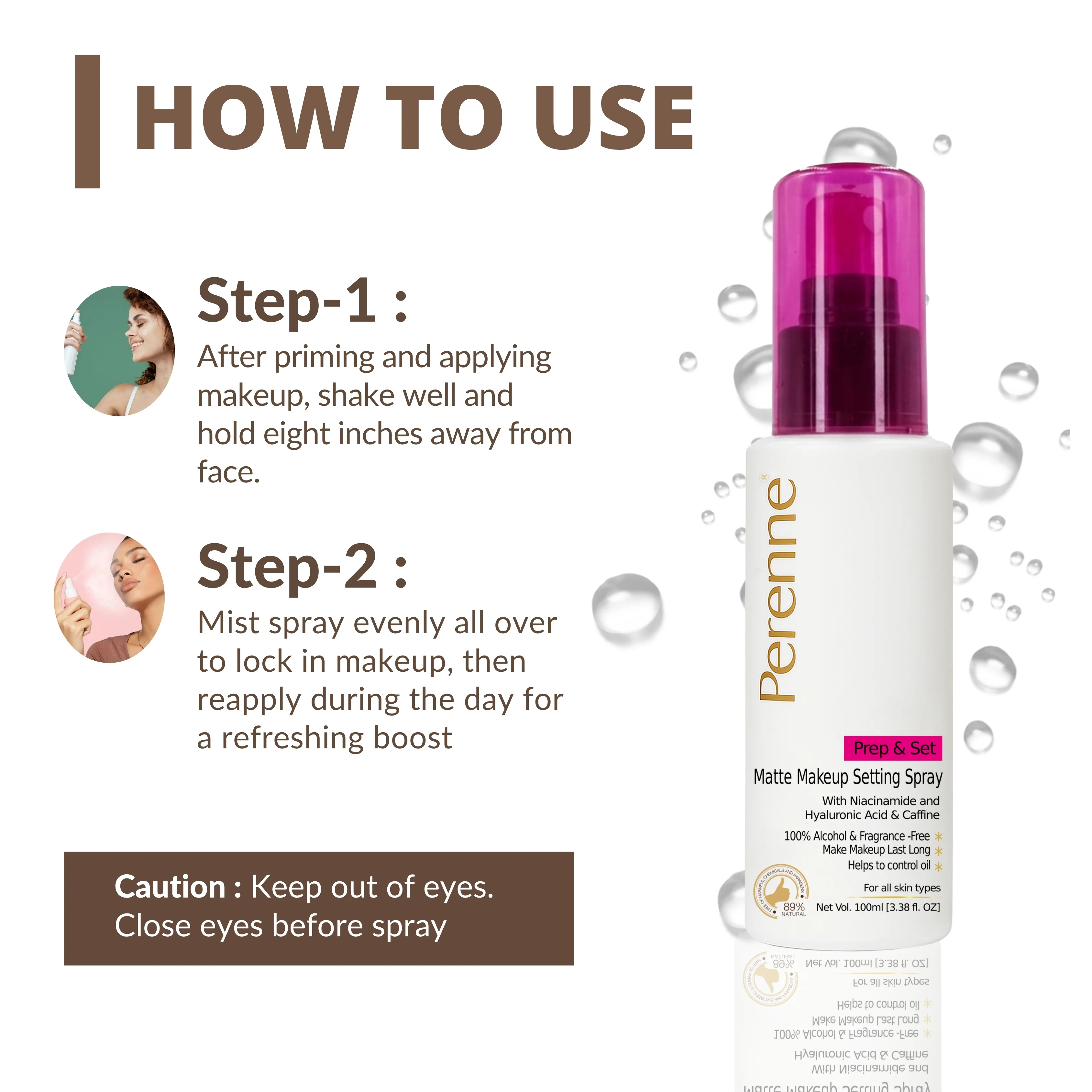 Perenne Prep & Set Matte Makeup Setting Spray with Niacinamide, Hyaluronic Acid & Caffeine |Matte Finished| Helps to control oil | For Long Lasting makeup up to 24 hrs* |100% Alcohol-Free & Fragrance-Free (100ml) - Image 6