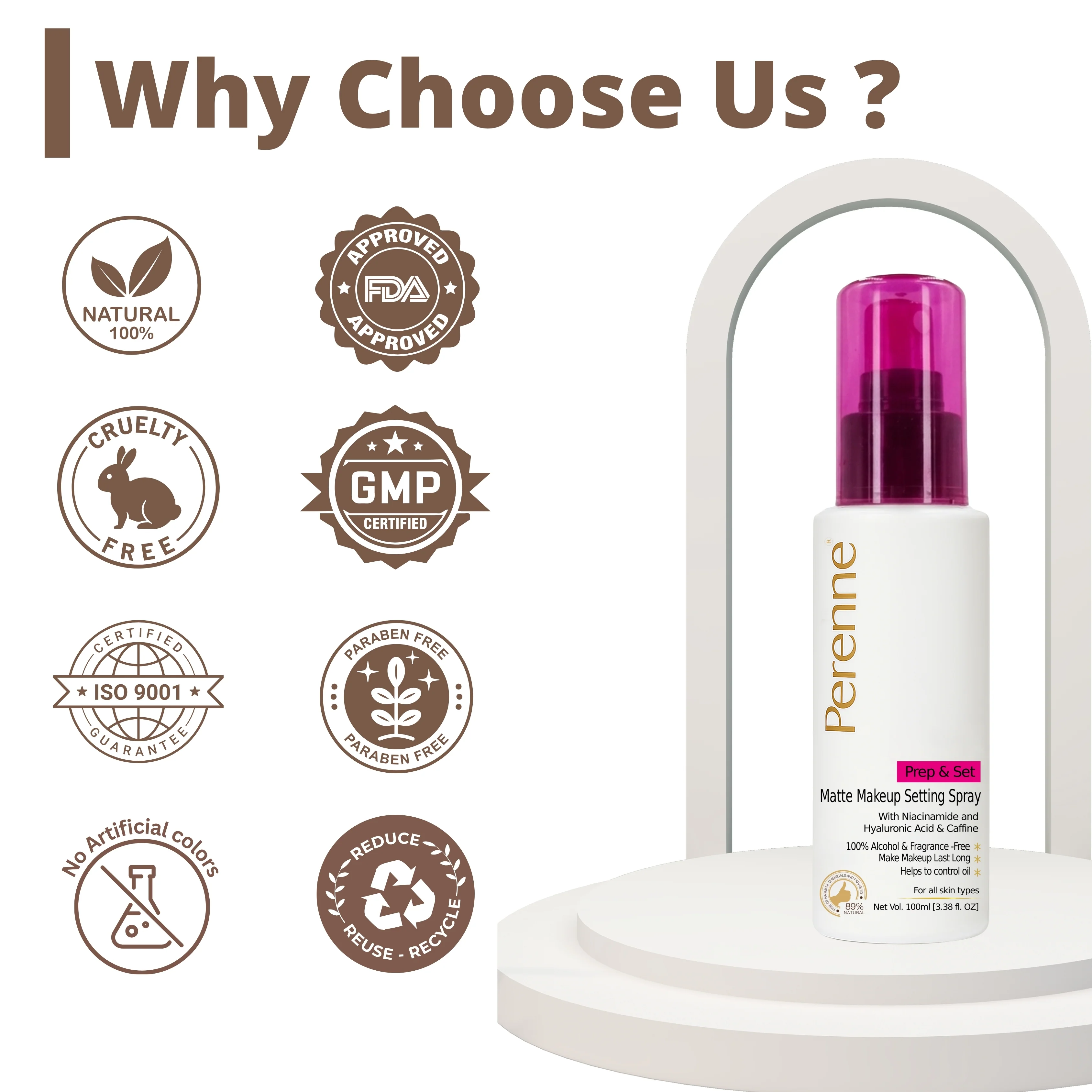 Perenne Prep & Set Matte Makeup Setting Spray with Niacinamide, Hyaluronic Acid & Caffeine |Matte Finished| Helps to control oil | For Long Lasting makeup up to 24 hrs* |100% Alcohol-Free & Fragrance-Free (100ml) - Image 7