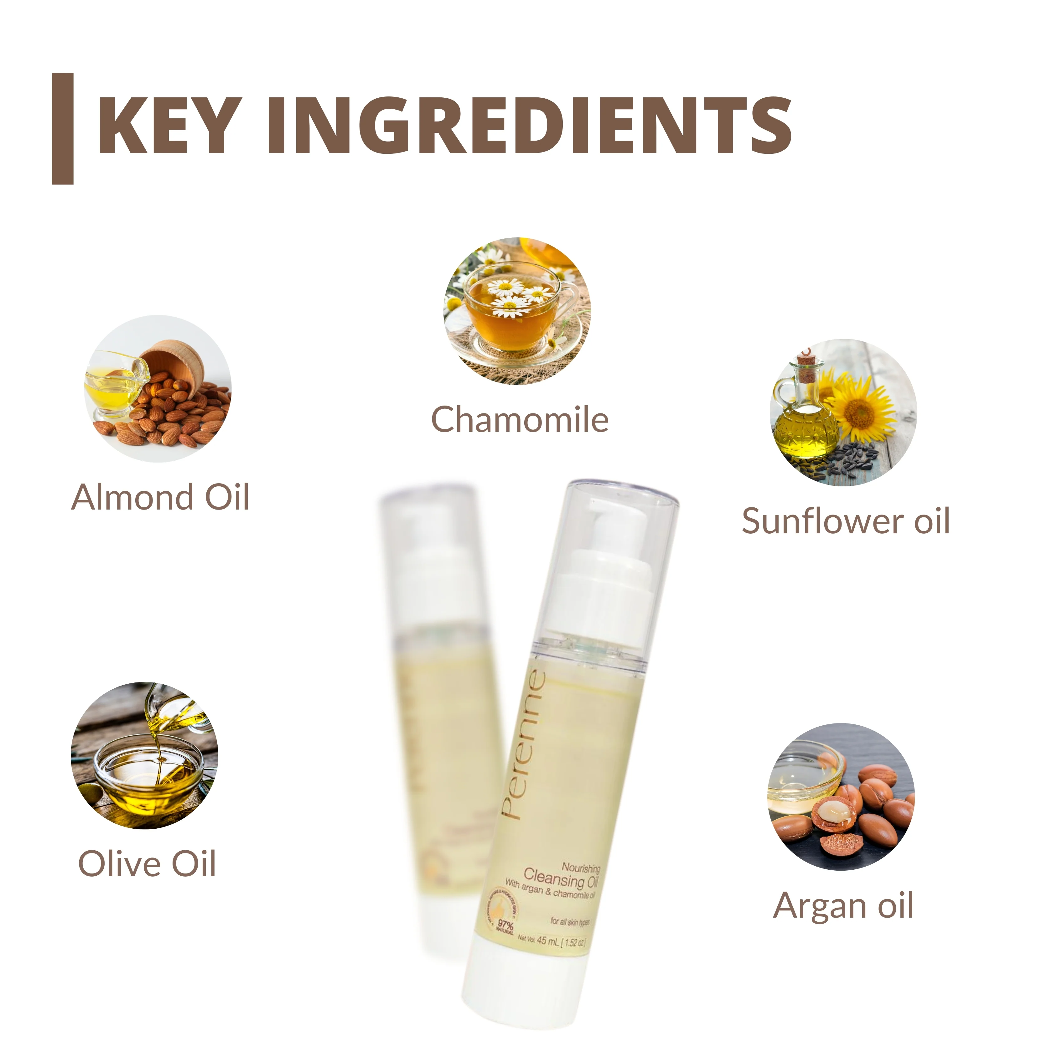 Perenne Nourishing Cleansing Oil | Makeup Remover | Removes Makeup & Impurities | Hydrating & Gentle | Argan & Chamomile Oil | For All Skin Types (45ml) - Image 3