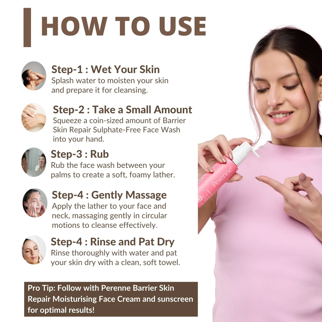 Perenne Sulphate Free Barrier Skin Repair Face Wash With 5 Essential Ceramides & Hyaluronic Acid | Improves skin texture | Repairs and strengthens the skin barrier | Dermatologically tested | Gentle for All Skin Types - Image 4