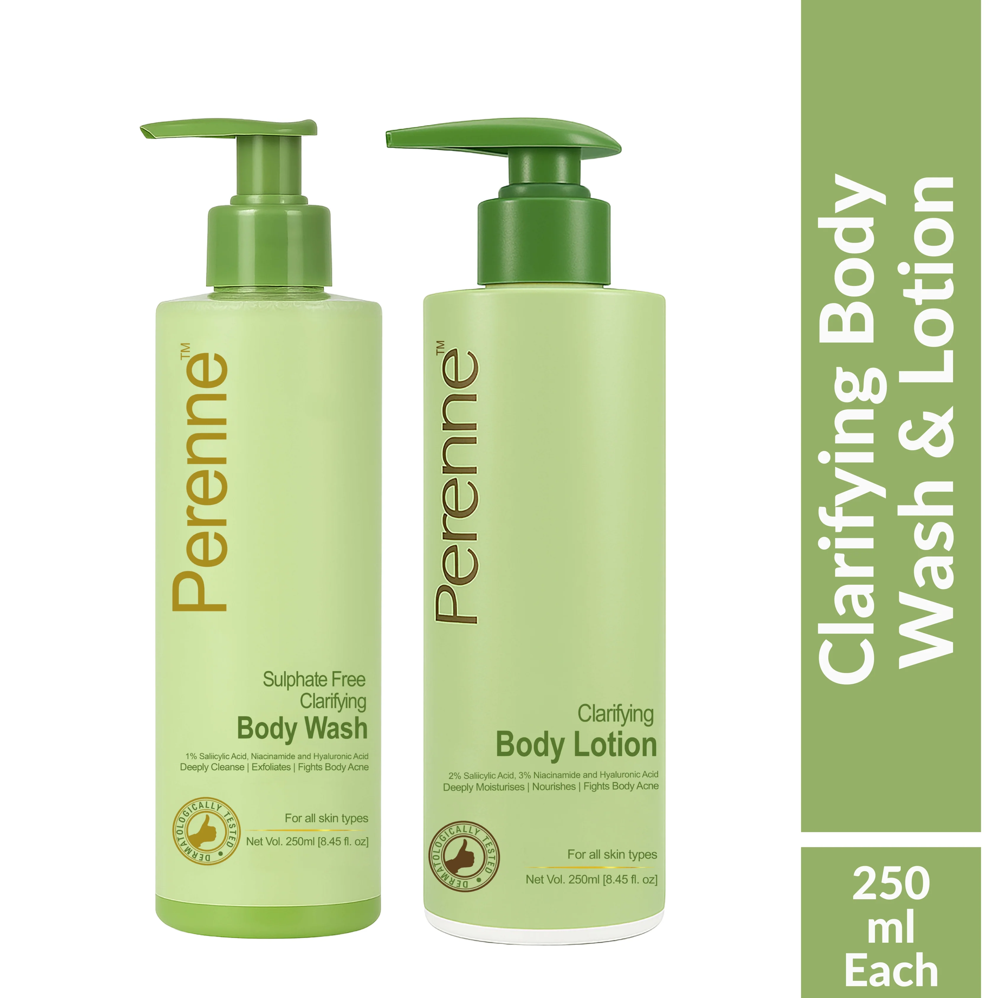 Perenne Clarifying Body Care Combo | Sulphate-Free Clarifying Body Wash (250ml) + Clarifying Body Lotion with Salicylic Acid & Niacinamide (250ml) | For Body Acne, Bumps, Oil Control & Hydration | For Men & Women